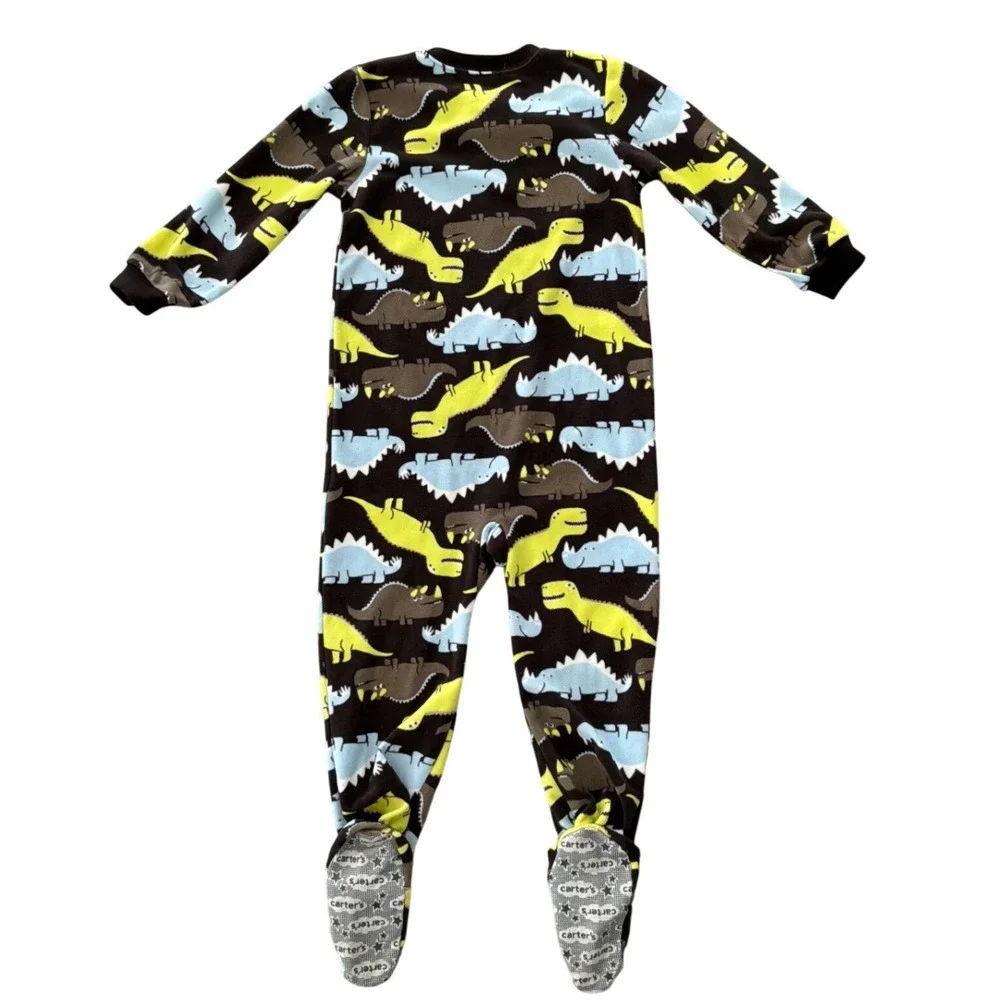 Carters Boys 4T Dinosaur‎ Fleece Footed Pajamas Brown Blue Green Zip Sleeper